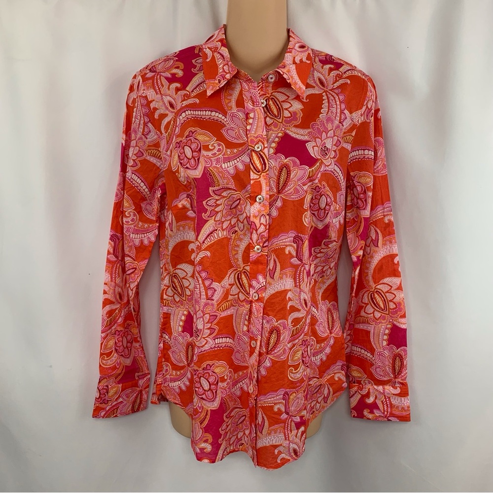 TALBOTS Paisley Orange Red and Pink Light Weight Long Sleeve Size Small NWT